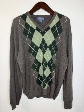 Joseph & Lyman Cashmere Argyle V-Neck Grey Green Sweater Men's XL Classic